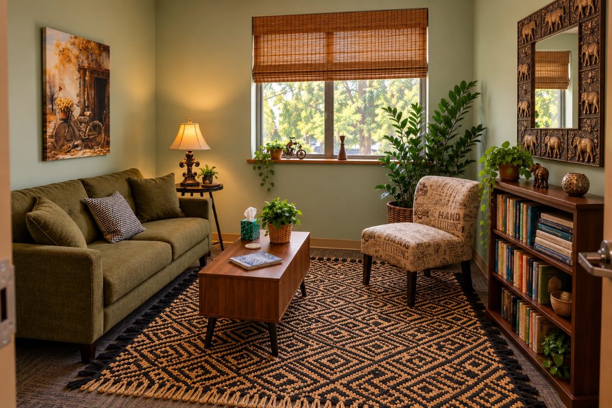 Therapy room with an olive sofa, plants, a lamp and a patterned rug